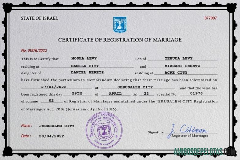 Realista modelo PSD de certidão de casamento em Israel